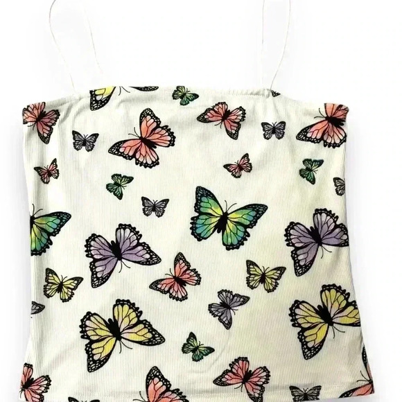 Faded Rose White Cord Spaghetti Strap Y2K MultiColor Butterfly print Crop Tank - Picture 4 of 15